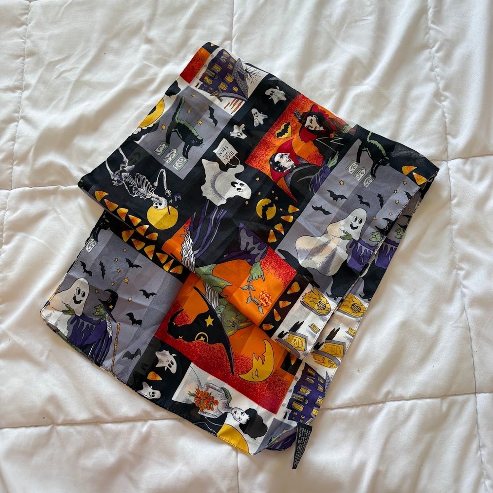 Vintage Halloween Scarf Witches Ghosts Vampires Haunted House 59x14 Holiday